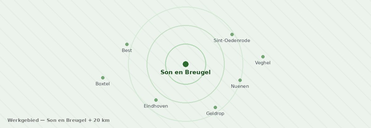 Kaartje van het werkgebied: Son en Breugel en 20 kilometer daarrond